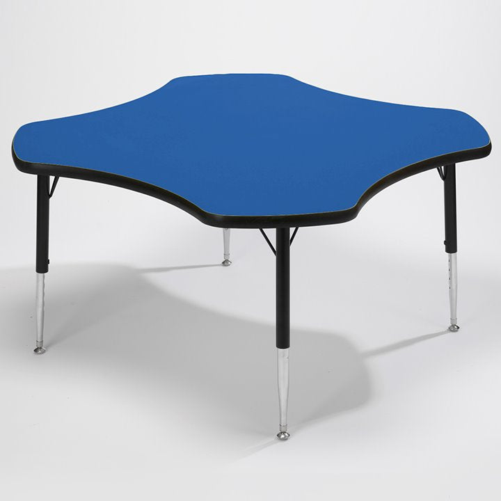 Tuf-Top™ Height Adjustable Flower Table - Heavy Duty, These high quality Flower shaped adjustable height tables, classroom tables are suitable for heavy duty use with a sturdy 25 mm thick tough table top. Flower shaped table top: 1525 mm diameter Height is adjustable in 25 mm increments from 430 mm to 635 mm, suitable for ages up to 11 years Heavy duty suitable for severe school use Hard-wearing and easy to clean table tops are available in three colours: blue, red, yellow Black powder coated (EPC) frames o