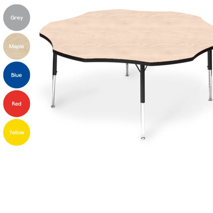 Tuf-Top™ Height Adjustable Flower Table - Heavy Duty, These high quality Flower shaped adjustable height tables, classroom tables are suitable for heavy duty use with a sturdy 25 mm thick tough table top. Flower shaped table top: 1525 mm diameter Height is adjustable in 25 mm increments from 430 mm to 635 mm, suitable for ages up to 11 years Heavy duty suitable for severe school use Hard-wearing and easy to clean table tops are available in three colours: blue, red, yellow Black powder coated (EPC) frames o