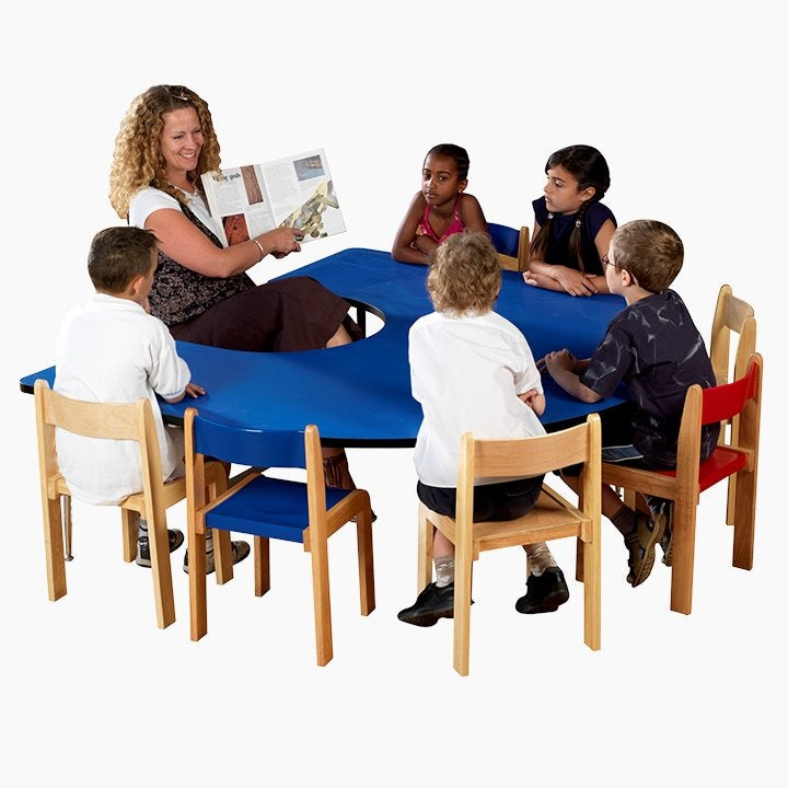 Tuf-Top™ Height Adjustable Horseshoe Table (Blue), Premium height adjustable tables, each with an attractive theme shaped top helping to facilitate creative interaction. Sturdy laminate 25mm depth table top designed for heavy school use. Easy wipe clean table top is available in 5 colour options: blue, red, yellow, maple and grey Durable PVC moulded edges for added safety. Includes height adjustable legs, adjustable in 25mm increments from 430mm to 635mm. Frames are black powder coated (EPC) for scratch res