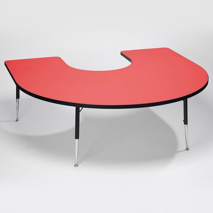 Tuf-Top™ Height Adjustable Horseshoe Table (Red), Premium height adjustable tables, each with an attractive theme shaped top helping to facilitate creative interaction. Sturdy laminate 25mm depth table top designed for heavy school use. Easy wipe clean table top is available in 5 colour options: blue, red, yellow, maple and grey Durable PVC moulded edges for added safety. Includes height adjustable legs, adjustable in 25mm increments from 430mm to 635mm. Frames are black powder coated (EPC) for scratch resi