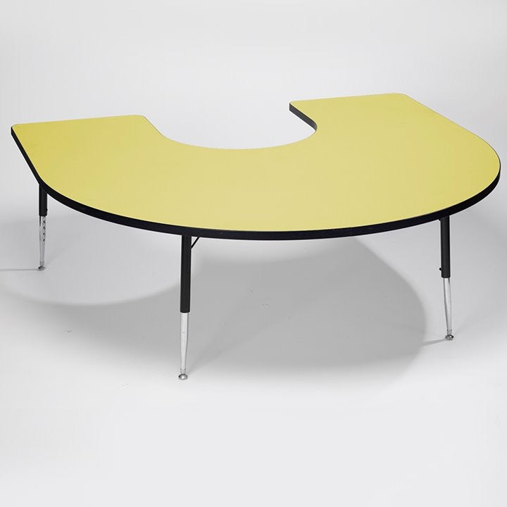 Tuf-Top™ Height Adjustable Horseshoe Table (Yellow), Premium height adjustable tables, each with an attractive theme shaped top helping to facilitate creative interaction. Sturdy laminate 25mm depth table top designed for heavy school use. Easy wipe clean table top is available in 5 colour options: blue, red, yellow, maple and grey Durable PVC moulded edges for added safety. Includes height adjustable legs, adjustable in 25mm increments from 430mm to 635mm. Frames are black powder coated (EPC) for scratch r