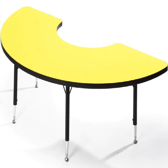 Tuf-Top™ Height Adjustable Horseshoe Table (Yellow), Premium height adjustable tables, each with an attractive theme shaped top helping to facilitate creative interaction. Sturdy laminate 25mm depth table top designed for heavy school use. Easy wipe clean table top is available in 5 colour options: blue, red, yellow, maple and grey Durable PVC moulded edges for added safety. Includes height adjustable legs, adjustable in 25mm increments from 430mm to 635mm. Frames are black powder coated (EPC) for scratch r