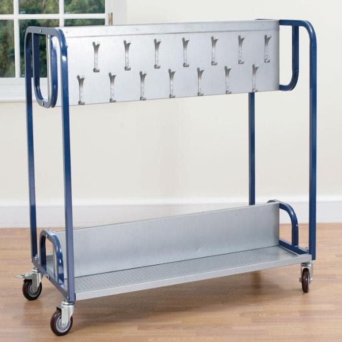 Tuf Trolley Classroom Cloakroom Trolley, The Tuf Trolley Classroom Cloakroom Trolley has 15 double coat/bag hooks each side to store coats.The Tuf Trolley Classroom Cloakroom Trolley comes with metal name-card holders for easy location and identification of hooks. Handy label holder on the end of the panel to identify class and/or year ownership. The Tuf Trolley Classroom Cloakroom Trolley is a durable metal trolley with large base storage shelf, ideal for shoes and bags, with a centre divide and 30 hooks. 
