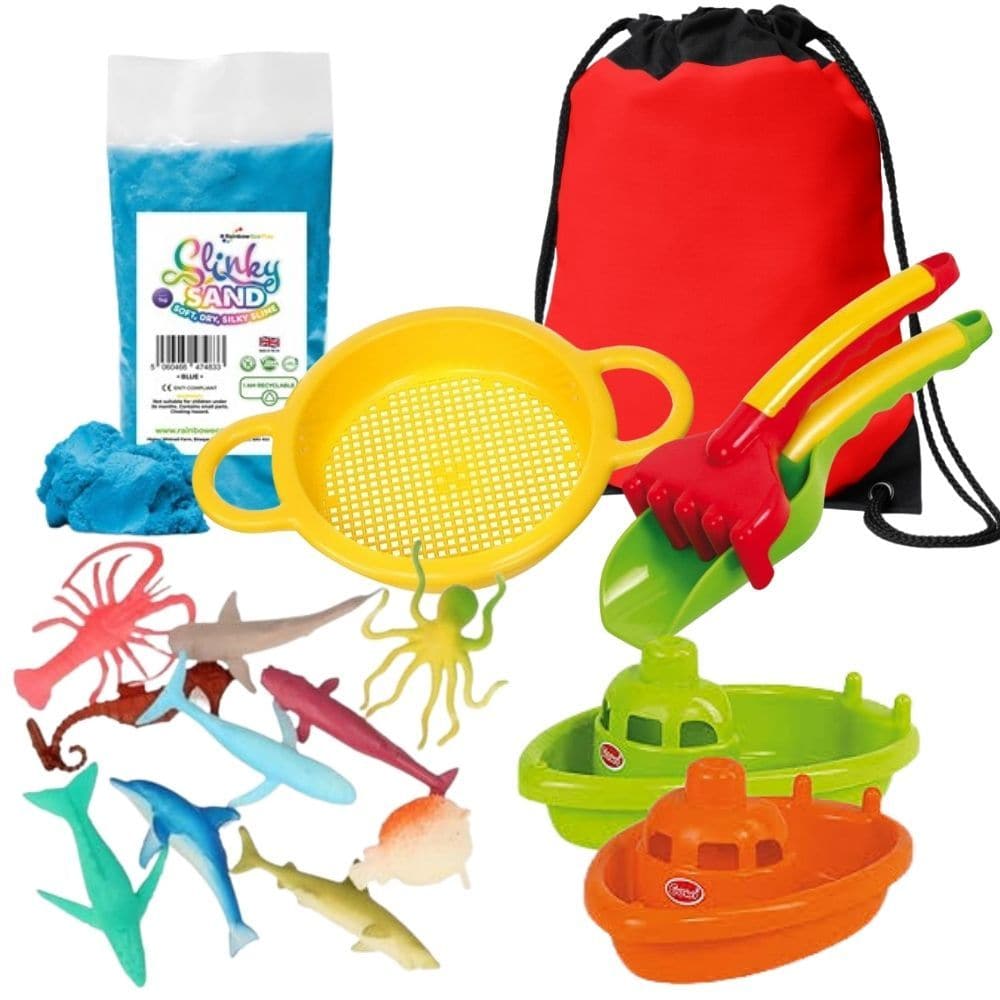 Tuff Tray Play Ideas Kit -Sand and Water, The Tuff Tray Play Ideas Kit - Sand and Water Play is a versatile and engaging play set designed to stimulate creativity and sensory exploration in early years children. The kit includes a resilient Tuff Tray, perfect for containing sand and water play activities, keeping your play areas tidy and safe. The set is packed full of resources to enhance play and learning. Your little ones can experiment with different textures, shapes, and movements as they play with the