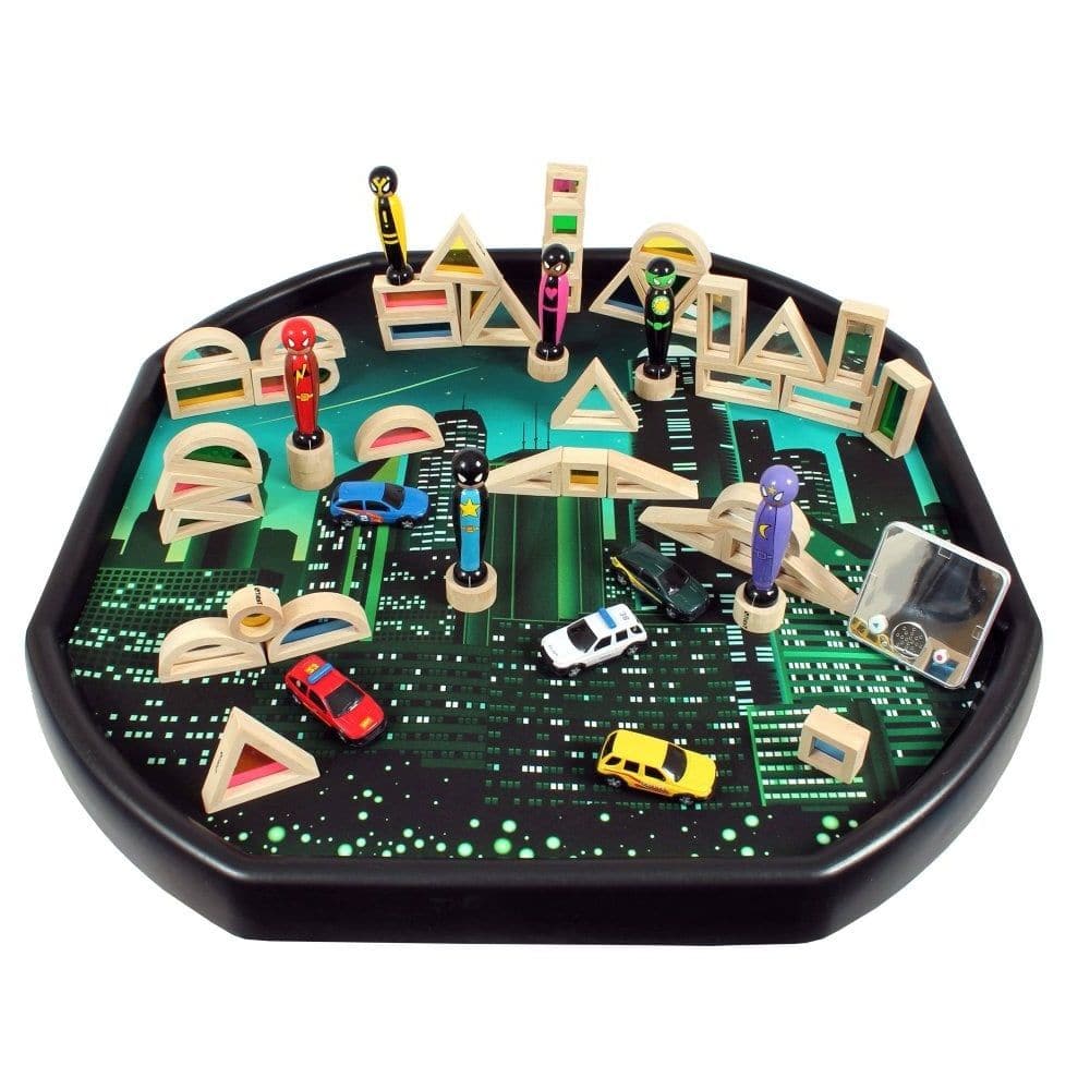 Tuff Tray Play Set Superheroes, Enter a super world of adventure with our Superhero Tuff Tray Accessory Kit! From characters and vehicles to blocks and mirrors, this exciting tuff tray play kit provides you with everything you need to create inspirational, multi-sensory learning opportunities in the early years’ curriculum. Kit Contents: Superhero Tuff Tray Mat - Felt (M39) Tuff Tray x 1 (BA) Superhero Wooden Characters (N27) Mirror Blocks (E17) Rainbow Blocks (F14) Emergency Vehicles x 4 (N73) Sound Bank P