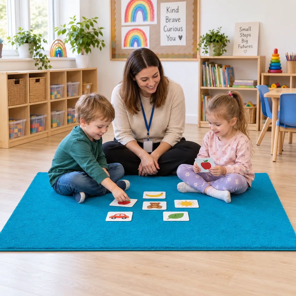 Tufty Rugs – children completing a matching activity on the blue rug