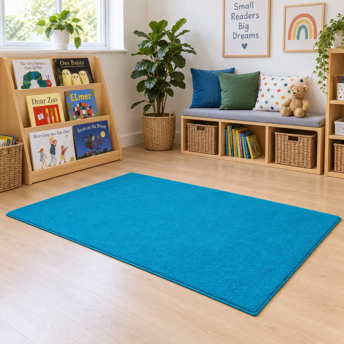 Tufty Rugs – blue 150 x 100 cm rug in an early years reading corner