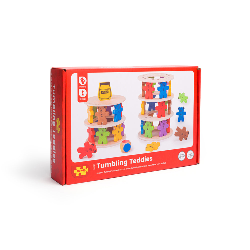 Tumbling Teddies, Who will be the first to knock the honey pot down? Kids can take it in turns to build their teddies up on each wooden ring with our fun Tumbling Teddies set. This playful wooden teddy bear game is great for interactive group play and encouraging children to use their strategy skills. Children have to simply roll the dice to reveal a colour and take the bears off one at a time until they all come tumbling down! This wooden toy set is made from high quality, responsibly sourced materials so 