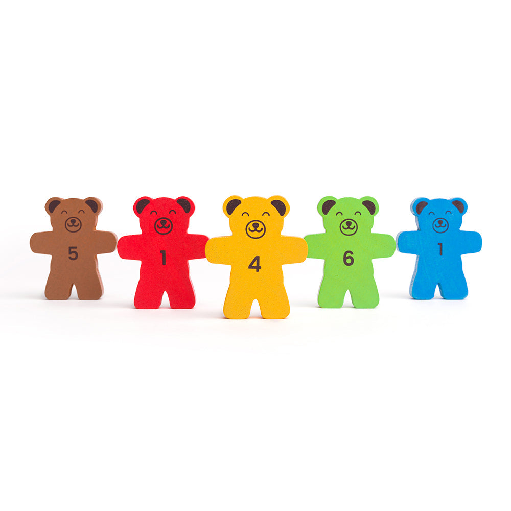 Tumbling Teddies, Who will be the first to knock the honey pot down? Kids can take it in turns to build their teddies up on each wooden ring with our fun Tumbling Teddies set. This playful wooden teddy bear game is great for interactive group play and encouraging children to use their strategy skills. Children have to simply roll the dice to reveal a colour and take the bears off one at a time until they all come tumbling down! This wooden toy set is made from high quality, responsibly sourced materials so 