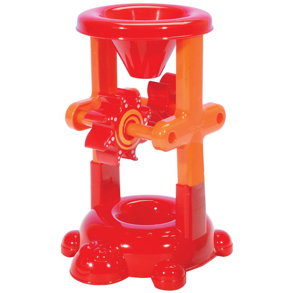 Turtle Sand and Water Mill, Suitable for the Water tray,or the beach, bath and pool, this Gowi Toys Turtle Sand and Water toy is guaranteed to produce hours of beach toy fun. Pour sand or water through the top funnel and watch as it trickles past the spinning wheels and into the turtle’s back at the bottom. Use a spade to scoop up the sand and pour the water. The bright red and orange colours engage little eyes and the sturdy plastic is easy to clean and stands upright. This water toy is built to last and c