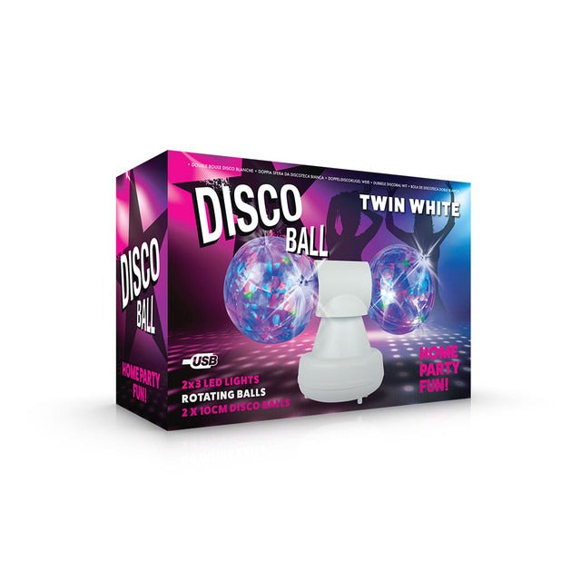 Twin Disco Ball in White, Give your Children the greatest light show on earth with these twin rotating disco balls!A stunning light effect which will look great in any dark room or bedroom creating a fantastic sensory focus in the room full of colour and light. This compact gadget is a party that you can move around. It has two rotating mirror balls, measuring 10 cm each.These reflect multi-coloured LED lights, creating a flurry of colour on your walls! This light is fantastic for house parties (did we ment