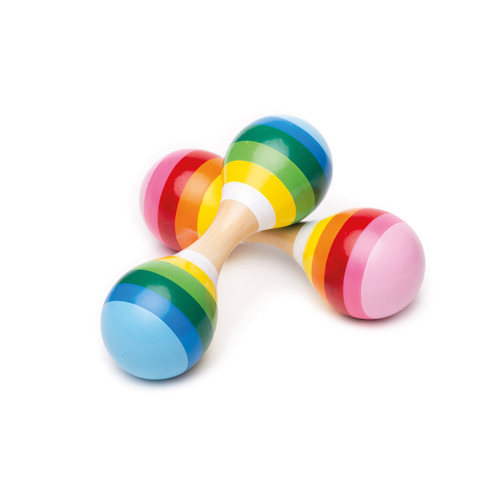 Twin Maraca, Introducing our brightly coloured wooden twin head Maracas, designed specifically for young children to enjoy rattling and shaking! These mini-sized instruments are perfect for introducing little ones to the world of sound and rhythm, while also sparking their creativity. Our twin head Maracas are not only fun to play with, they also contribute to the development of dexterity and coordination skills in young children. As they grasp and shake these colourful Maracas, they will improve their hand