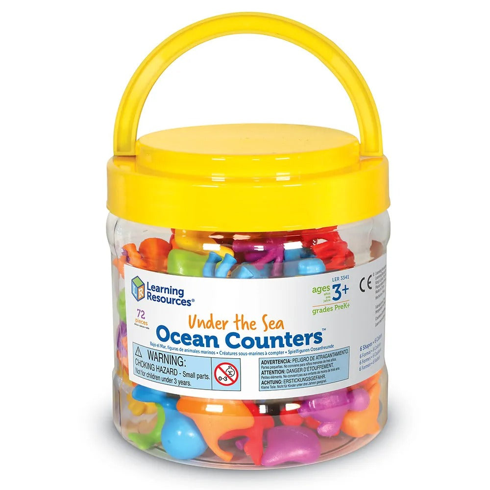 Under the Sea Ocean Counters Set of 72, Unique, attractive counters combine modern design and colours for early maths fun! These modern, colourful counters are a great way to liven up a variety of maths activities. Ideal for developing counting skills, sorting and patterning, these soft rubber counters are wipe clean - perfect for hands-on use. Counters feature six different ocean animals in six different colours (orange, green, yellow, red, purple and blue). Set of 72 ocean themed counters comes in a handy
