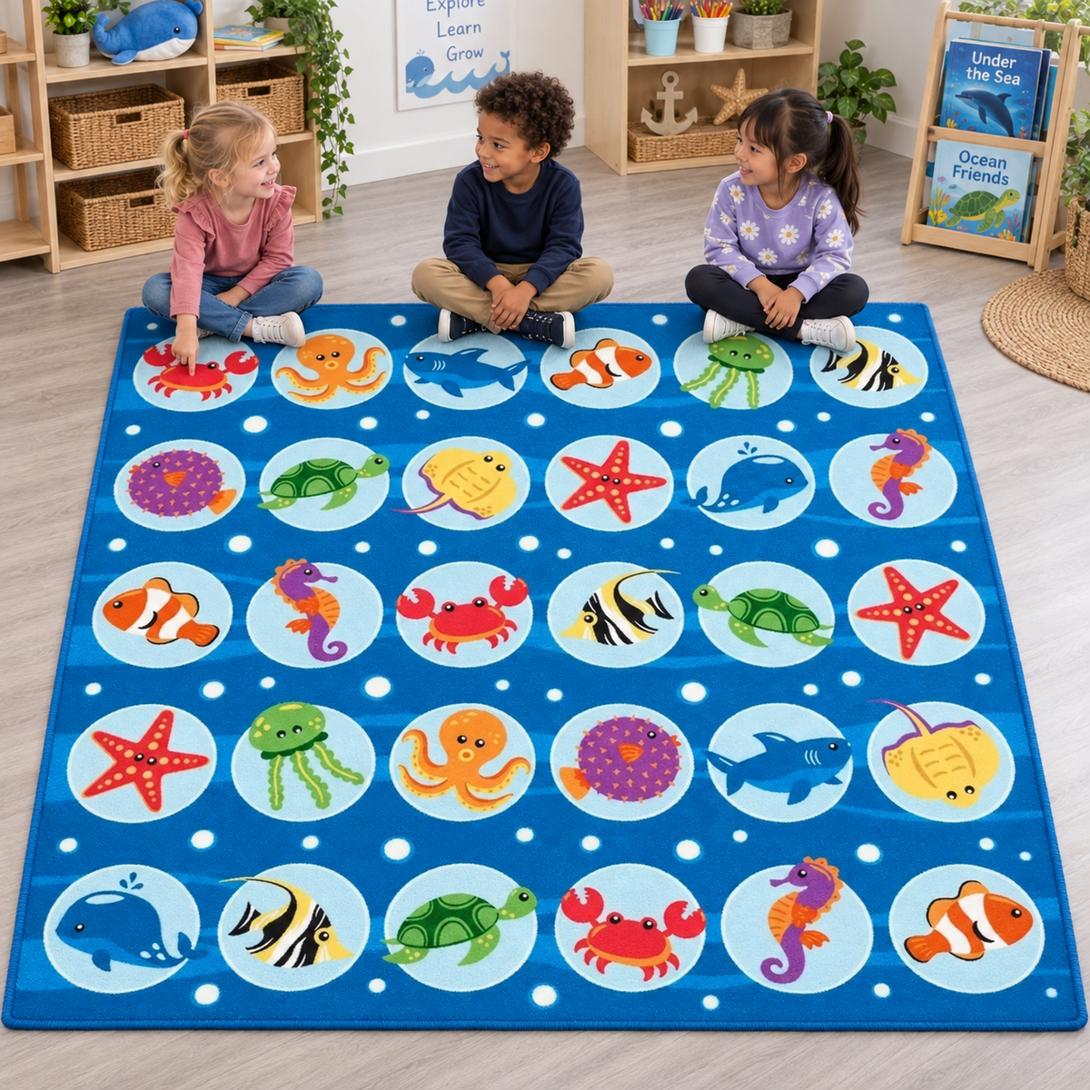 Under the Sea Placement Carpet – three children seated on marine-life placements