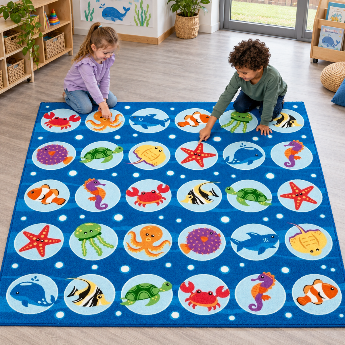 Under the Sea Placement Carpet – children exploring the marine-life grid