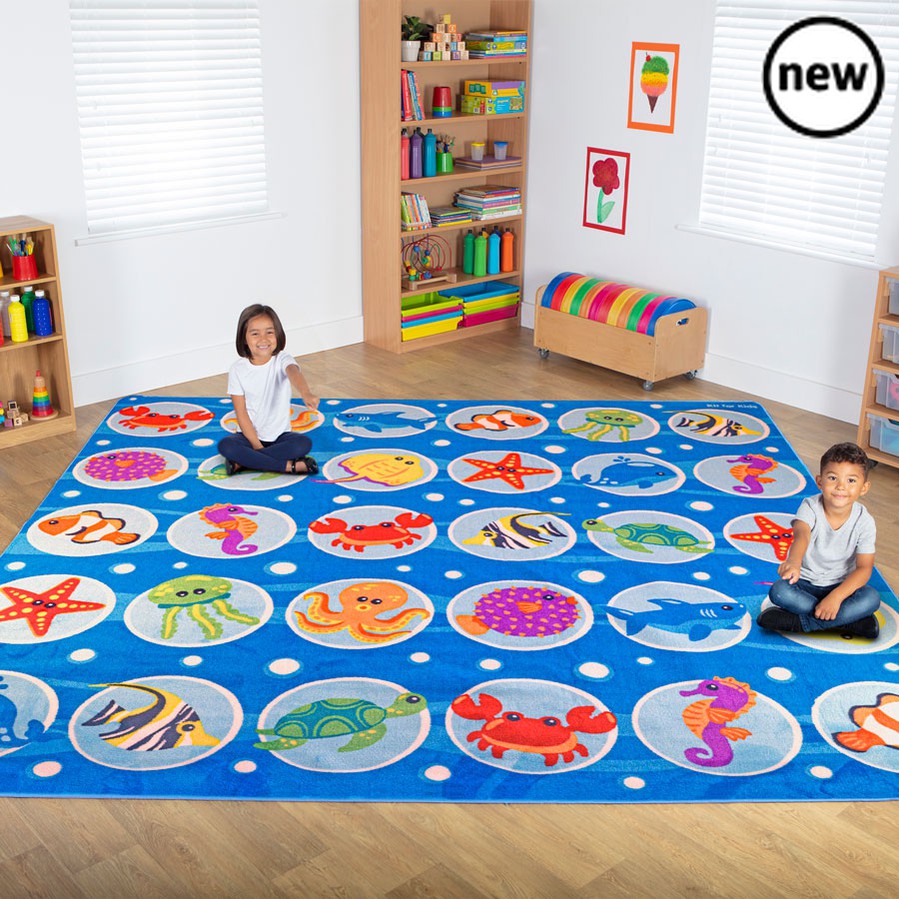 Under the Sea Rectangular Placement Carpet, This brightly coloured Under the Sea Rectangular Placement Carpet has various different placement areas which can each be identified by an undersea creature. This means children will be able to choose a creature to sit on during reading time and group lessons. The Under the Sea Rectangular Placement Carpet features distinctive and brightly coloured, child friendly designs and they are designed to encourage learning through interaction and play. This Under the Sea 