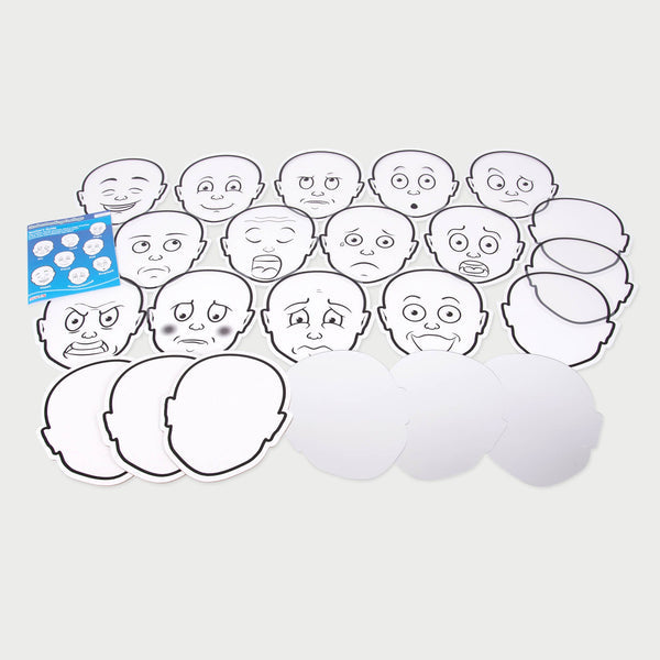 Understanding Feelings Pack, The Understanding Feelings set has been designed to help children to learn about a range of feelings and to enable them to communicate more effectively with others. Understanding Feelings Pack Set includes 13 acetate faces all with different feeling expressions. These Understanding Feelings Pack can be placed on a table, window or light panel. Also included in the pack; an A3 poster of these expressions plus 3 blank white face-shaped boards for use with wipe off markers, 3 blank