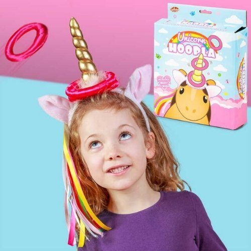 Unicorn Hoopla, Hoopla ring toss game featuring a unicorn horn on a headband. One player wears the headband that features a golden horn, hair, ears and a stream of colourful ribbons, whilst the other player throws rings in an attempt to toss one onto the horn. The pack includes three rings that are covered in soft fabric. Unicorn themed ring toss game Unicorn head band Three fabric covered rings 30cm, Unicorn Hoopla,Unicorn toys,unicorn toys children,Ring toss game,special needs ring toss game,gonge special