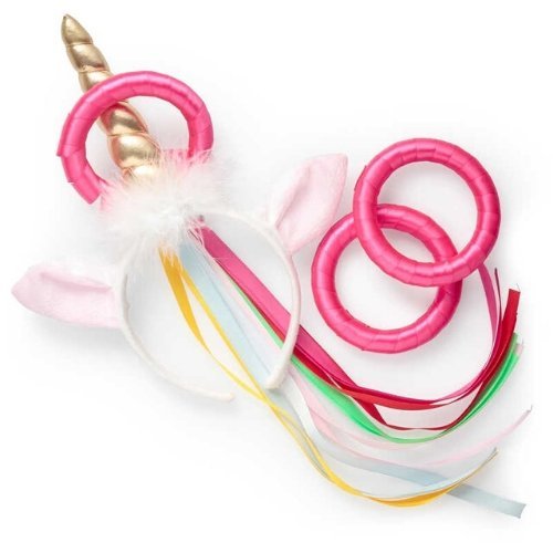 Unicorn Hoopla, Hoopla ring toss game featuring a unicorn horn on a headband. One player wears the headband that features a golden horn, hair, ears and a stream of colourful ribbons, whilst the other player throws rings in an attempt to toss one onto the horn. The pack includes three rings that are covered in soft fabric. Unicorn themed ring toss game Unicorn head band Three fabric covered rings 30cm, Unicorn Hoopla,Unicorn toys,unicorn toys children,Ring toss game,special needs ring toss game,gonge special