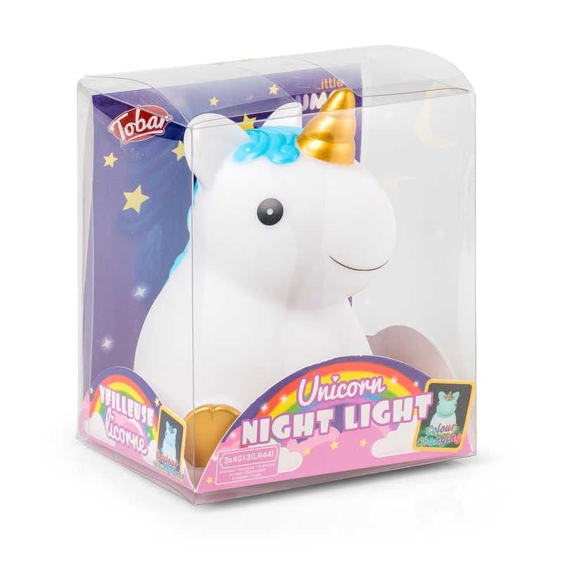 Unicorn Night Light, The Unicorn Night Light is a magical and enchanting addition to any child's bedroom. Shaped like a cute unicorn, this night light illuminates and phases between a range of beautiful colors, creating a calming and soothing atmosphere for young children in the dark. With just a simple press of the switch, the LEDs inside the night light come to life, lighting up and slowly shifting through a mesmerizing range of colors including blue, red, green, and purple. This gentle transition of colo