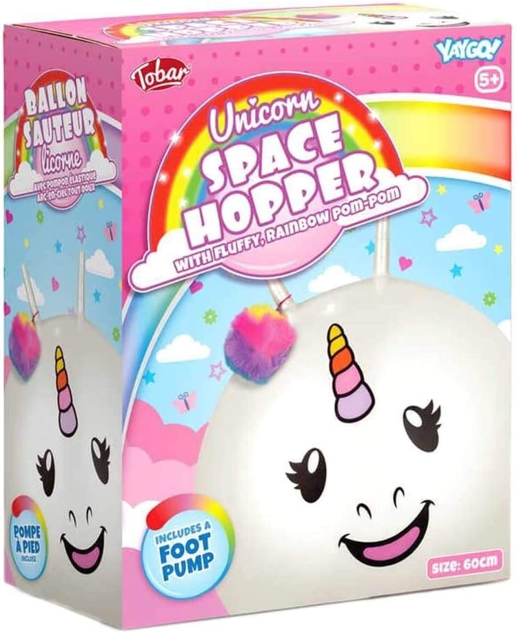 Unicorn Space Hopper, White space hopper with a smiling unicorn face design on the front. This Unicorn Space Hopper toy inflates to a maximum of 60cm in diameter (pump included) and has two handles on top for the rider to grab. The Unicorn Space Hopper is designed to be bounced along the ground whilst ridden by adults and older children. It even includes a fluffy rainbow pompom in the box. This redesign of the popular classic is sure to catch the attention of customers who are looking for a little bit of un