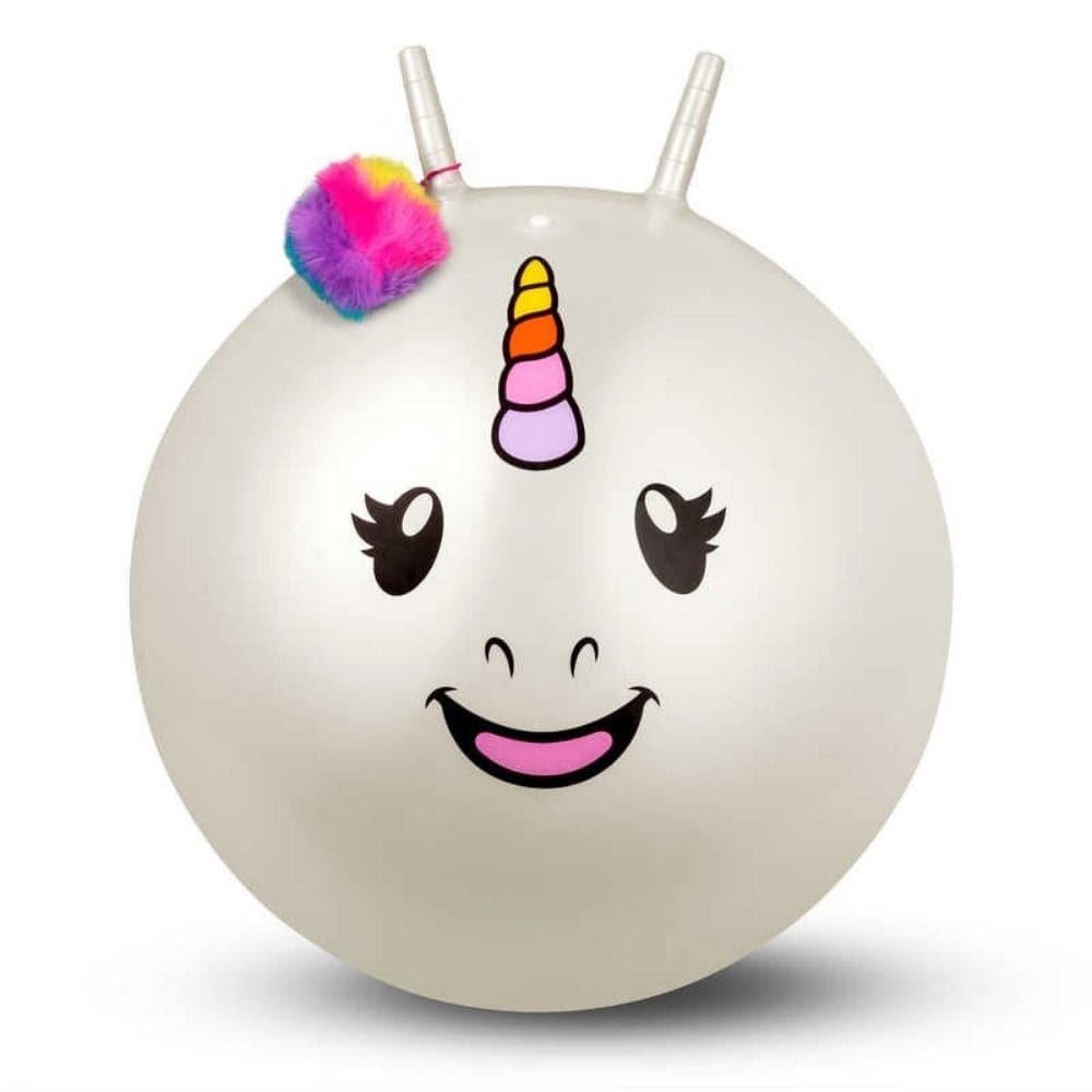 Unicorn Space Hopper, White space hopper with a smiling unicorn face design on the front. This Unicorn Space Hopper toy inflates to a maximum of 60cm in diameter (pump included) and has two handles on top for the rider to grab. The Unicorn Space Hopper is designed to be bounced along the ground whilst ridden by adults and older children. It even includes a fluffy rainbow pompom in the box. This redesign of the popular classic is sure to catch the attention of customers who are looking for a little bit of un