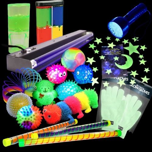 UV Sensory Glow Kit Large, The comprehensive UV Sensory Glow Kit Large contains a wide variety of fun and exciting glow-in-the-dark toys that are sure to delight and entertain. When exposed to the UV-light in the dark, these UV Sensory toys will glow up, creating a stimulating visual effect, giving children an entirely new understanding of light and colour. The best place to use this kit is in a dark enclosed area. This UV Sensory Glow Kit Large kit typically includes the following: 1 x Medium UV Lamp, 1 x 