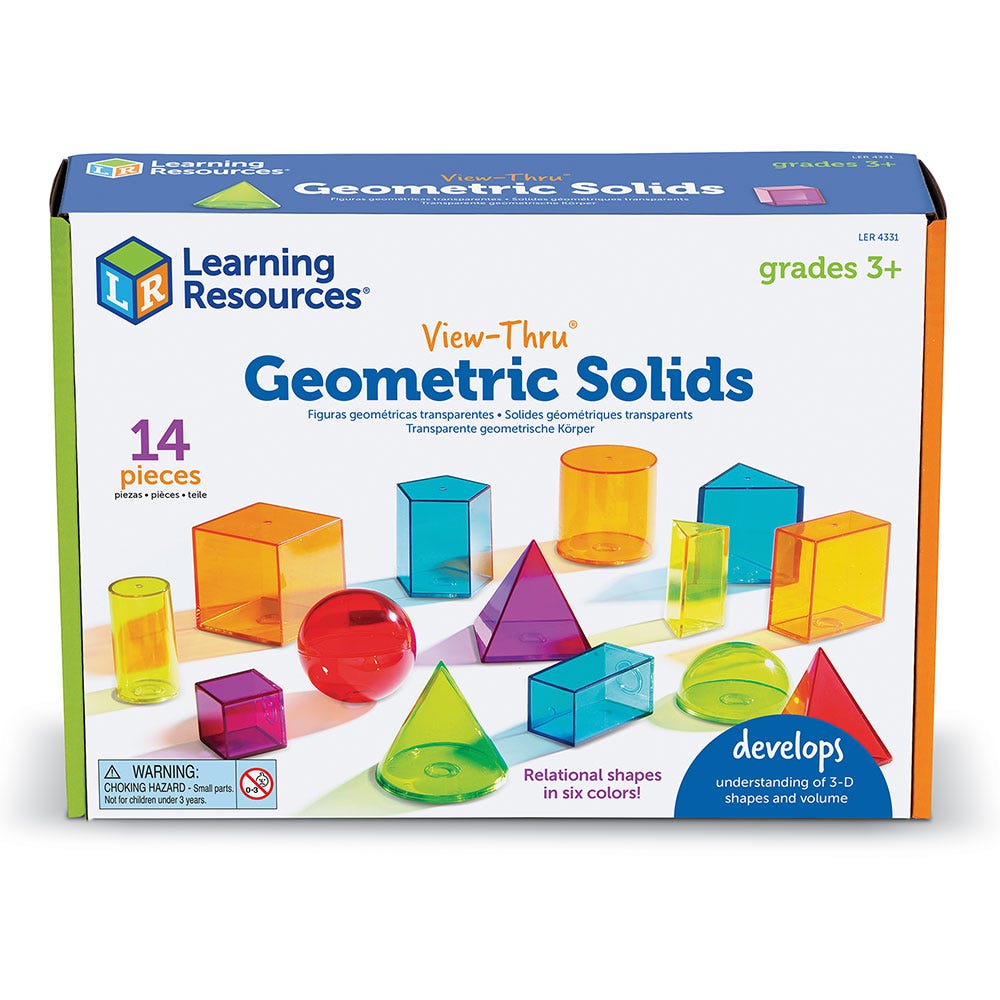 View-Thru Geometric Solids (Set of 14), These modern and colourful transparent View-Thru Geometric Solids 3-D shapes provide a hands-on way for young learners to explore a variety of mathematical concepts. The View-Thru Geometric Solids are specifically designed to introduce geometry, these durable plastic shapes also provide children with the opportunity to explore measurement, area, volume and capacity. Removable bases allow the shapes to be filled with liquids or solids and are easy to clean. Clear desig