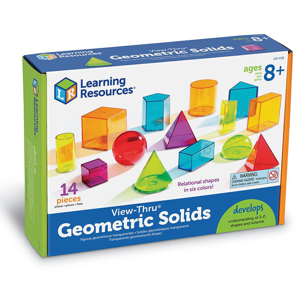 View-Thru Geometric Solids (Set of 14), These modern and colourful transparent View-Thru Geometric Solids 3-D shapes provide a hands-on way for young learners to explore a variety of mathematical concepts. The View-Thru Geometric Solids are specifically designed to introduce geometry, these durable plastic shapes also provide children with the opportunity to explore measurement, area, volume and capacity. Removable bases allow the shapes to be filled with liquids or solids and are easy to clean. Clear desig