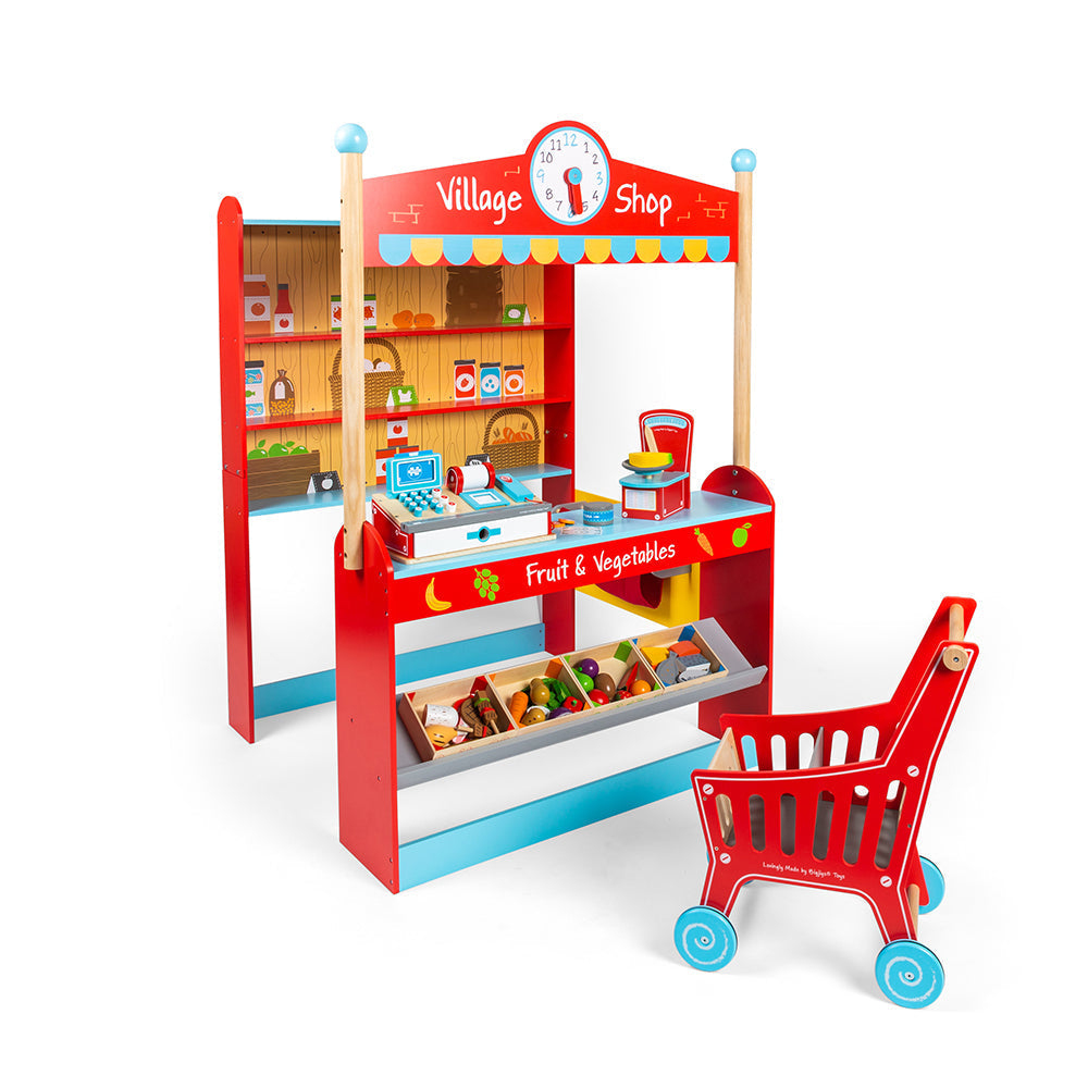 Village Play Shop Bundle, Let’s go shopping! Little shopkeepers can brush up on their customer service skills with our exclusive Village Play Shop Bundle. Enjoy hours of pretend play with the included Village Shop, Shop Till with Scanner, Scales, Shopping Trolley, Meat Crate, Fish Crate, Fruit Crate and Vegetable Crate. Made from high-quality, responsibly sourced materials, each pretend play toy in this play shop set is designed for little hands to play with. Play shops are a great way to encourage creative