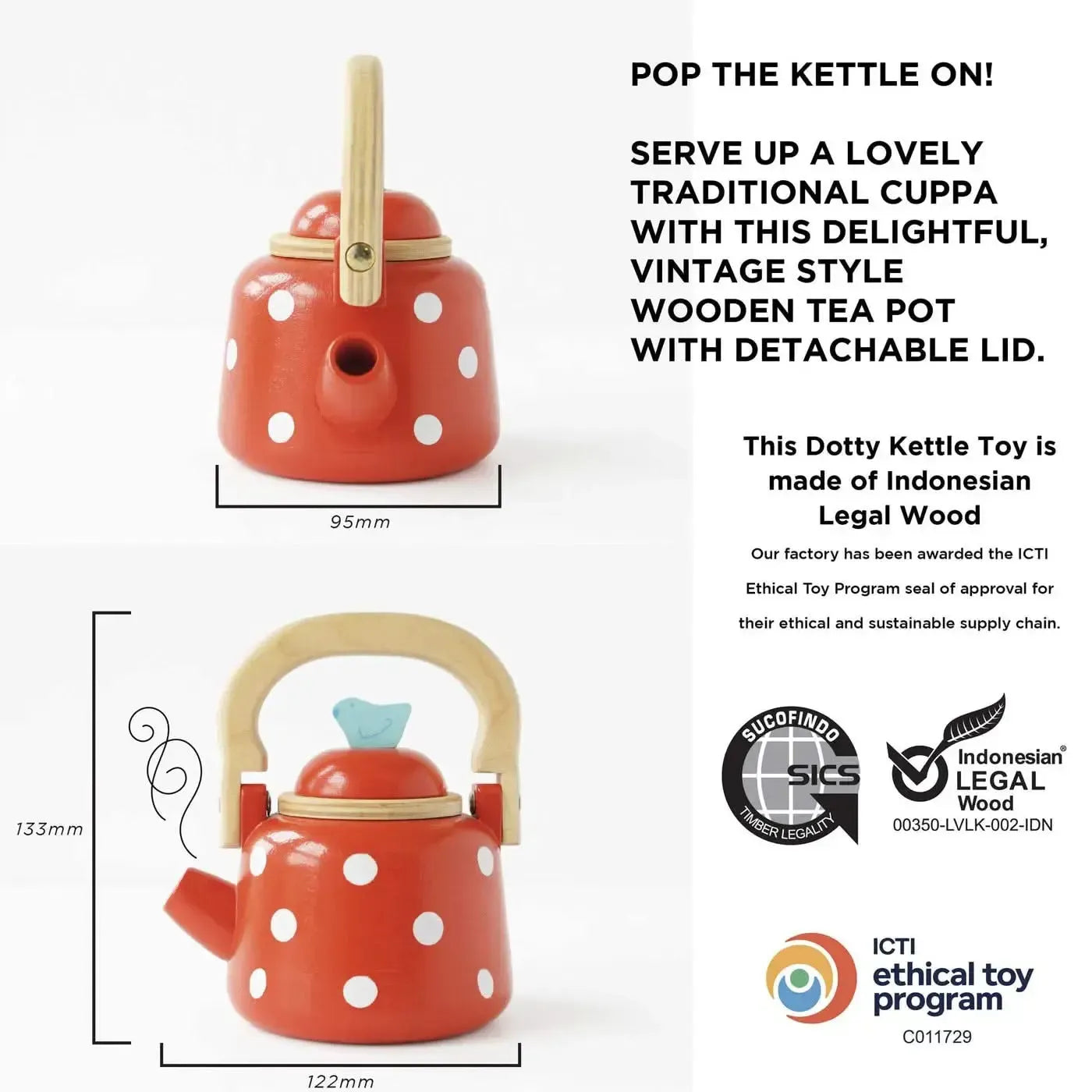 Vintage Dotty Wooden Kettle-Vintage Dotty Wooden Kettle