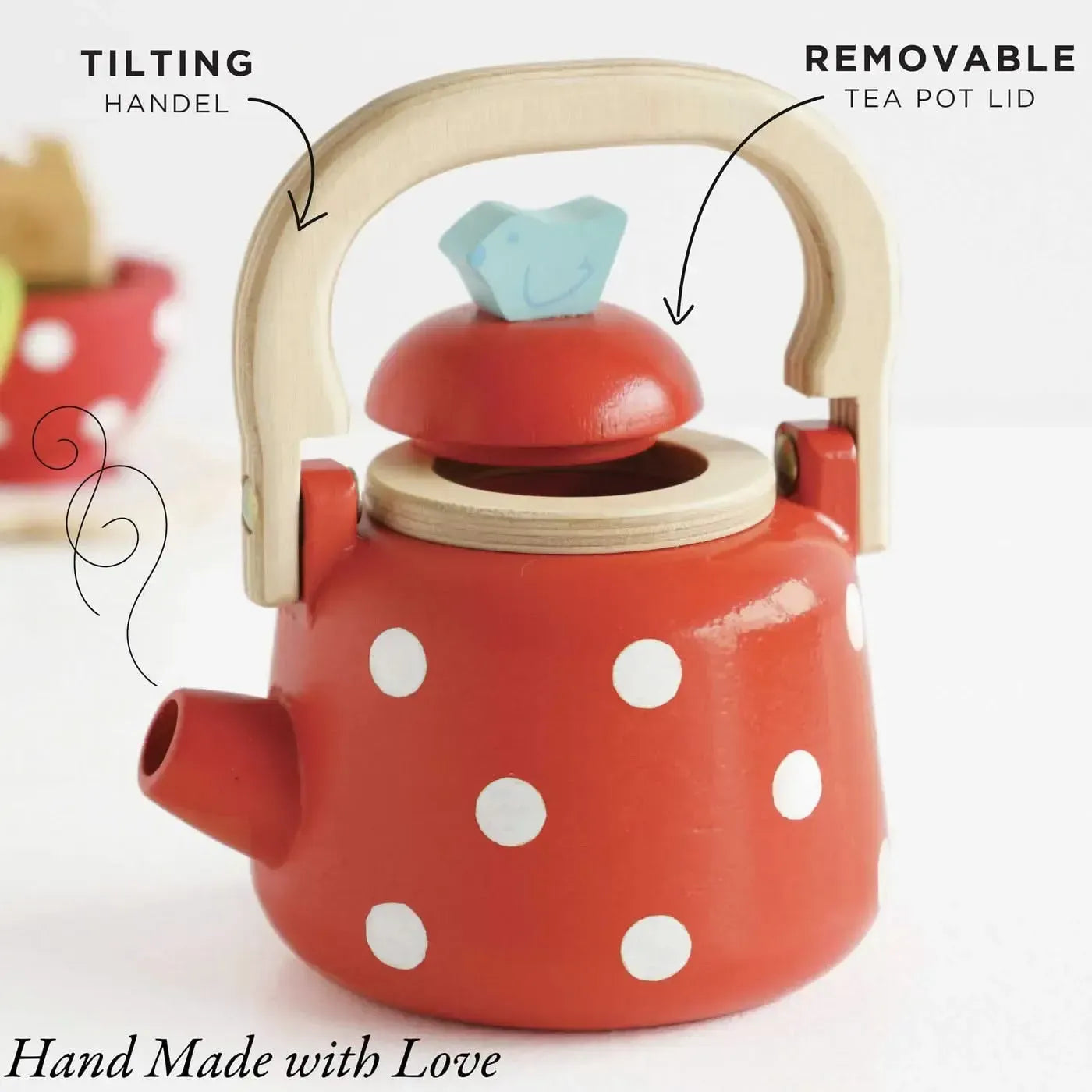 Mentari Dotty Kettle Holzspielzeug – Roter Kessel Mit Weißen Punkten, 10x8x11 Cm, Aus Kautschukholz