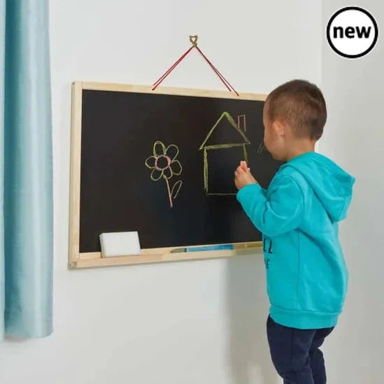 Wall Hanging Dry Wipe Board and Chalkboard Easel, Children should be encouraged to use an easel as they will benefit in several ways. Fine motor skills are improved through holding pens or chalk. Gross motor skills benefit through larger movements of the upper arms. Cognitive skills are enhanced as kids use our magnetic letters to practice and learn the alphabet. Children first learn to use their creativity when they scribble or draw lines – this is an important first step in children learning to write and 