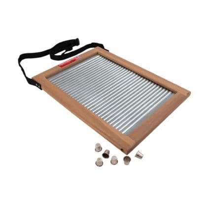 Washboard, This vertical Percussion Plus washboard is for anyone as reading music is not a requirement, you just need the enthusiasm to make it! Simply drag your dominant hand across the board for the strong beats, and tap with your other hand in-between to create your first pattern. You can also use wooden spoons or drum sticks to create different sounds, whichever suits your style best. The purposefully simple frame of the vertical washboard allows you to customise in any way. With the addition of horns, 