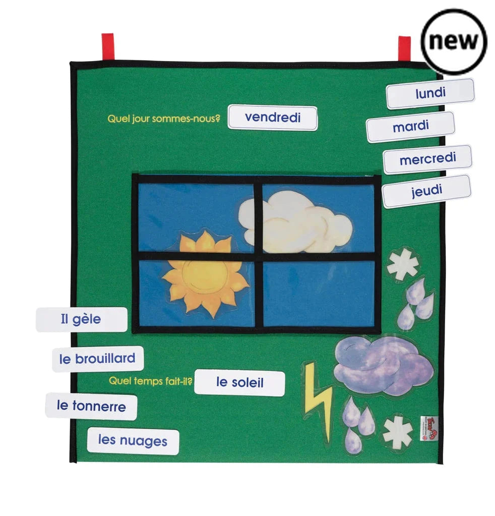 Weather Window (French), The Weather Window French is a remarkable and innovative weather chart designed specifically for visually capturing the day and weather. With the ability to observe the prevailing weather conditions outside, the Weather Window English allows users to effortlessly select the corresponding symbols to be displayed behind the durable PVC window. The product includes a set of distinctive weather symbols, weather words, and days of the week labels. This bright and appealing visual display
