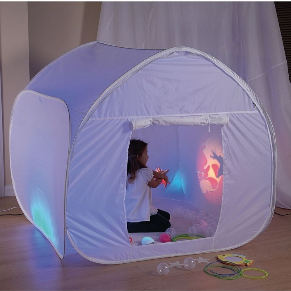 White Sensory Pod, These fantastic pop-up White Sensory Pod's are ideal for environments where a full sensory room is not available.Suitable for multiple users, the White Sensory Pod creates a temporary sensory room, with flaps which can tie up to create an open doorway into the area.The White Sensory Pod is ideal for use with projectors and light sources, the double layered black environment creates a safe and enclosed area for sensory exploration. The White Sensory Pod is modular and can be easily joined 