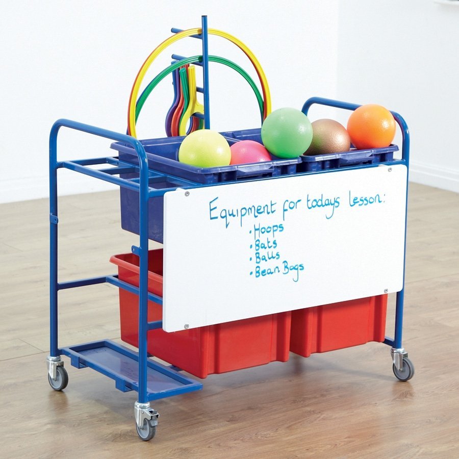 Whiteboard PE Storage Trolley, The Whiteboard PE Storage Trolley features a large whiteboard and has four large plastic tubs and a hoop rack (which can be rotated inwards if not in use). This new trolley is ideal for storage PE equipment. It has a removable white board for write on/ wipe off class objectives. Comes complete with 4 deep containers. Fully welded and powder coated for durability. Made from strong 3/4 inch powder coated steel, with four robust castor's, two of which lock. Whiteboard H98 x W50cm