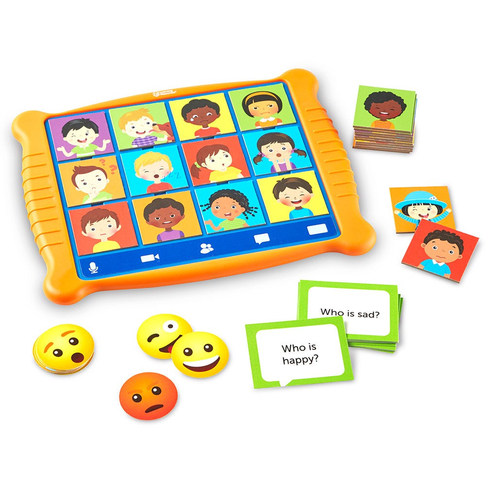 Who's Feeling What, There are so many fun ways to help children with identifying emotions and learning about themselves and others with Who’s Feeling What? Inspired by video calling, Children build empathy and SEL skills as they decode the video callers' facial expressions in this communication game. Set up the board with 12 child callers, draw a chat card containing an SEL prompt, then mark the callers with matching emotions using fun emoji tokens. With caller cards, emotion prompt cards, and emoji tokens,