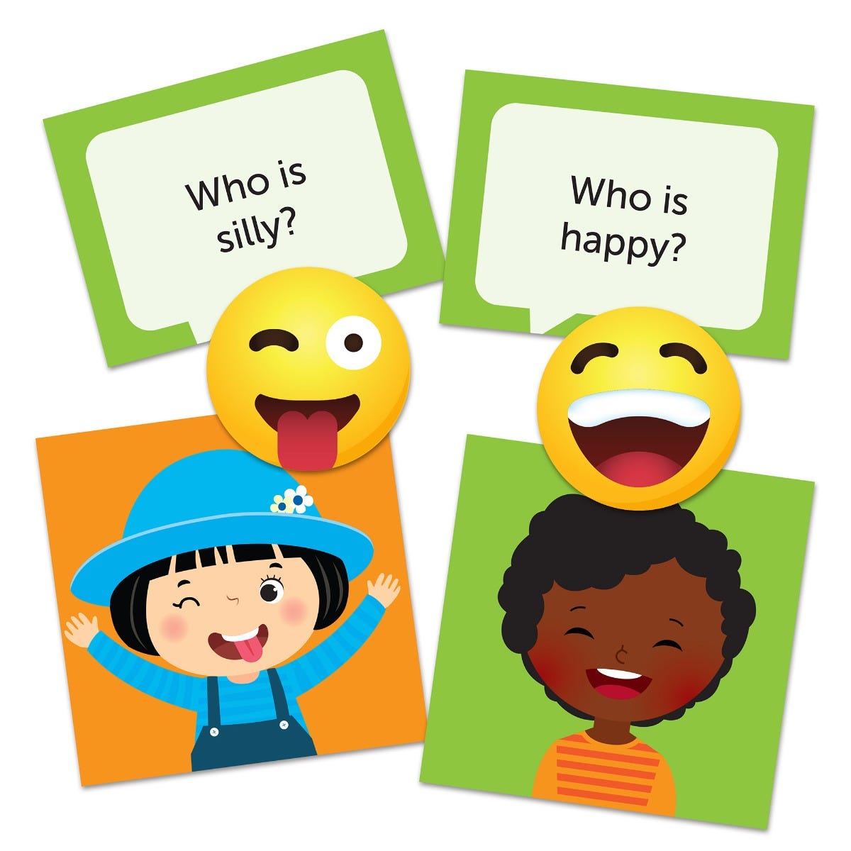 Who's Feeling What, There are so many fun ways to help children with identifying emotions and learning about themselves and others with Who’s Feeling What? Inspired by video calling, Children build empathy and SEL skills as they decode the video callers' facial expressions in this communication game. Set up the board with 12 child callers, draw a chat card containing an SEL prompt, then mark the callers with matching emotions using fun emoji tokens. With caller cards, emotion prompt cards, and emoji tokens,
