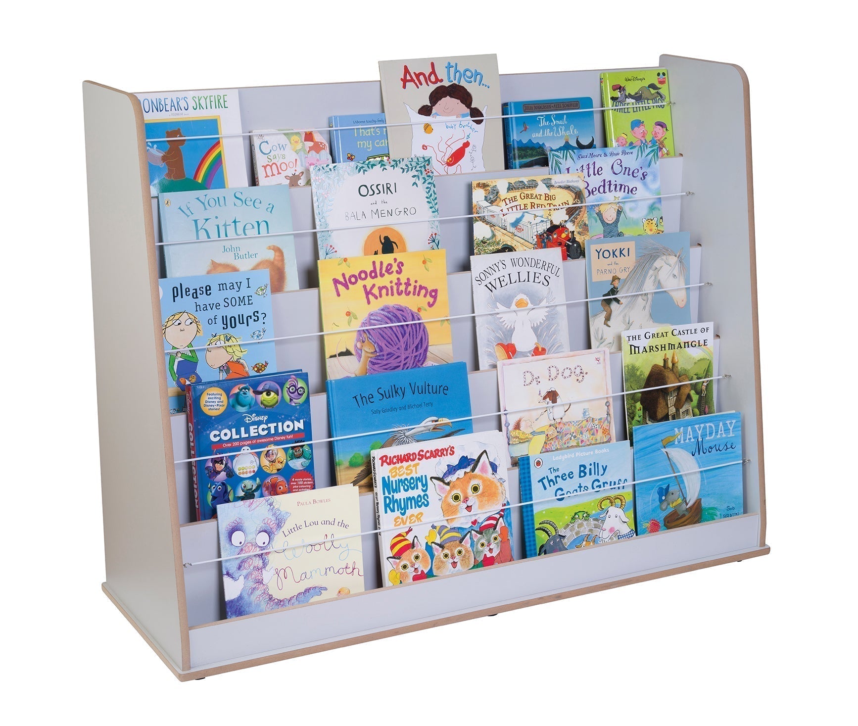 Wide Free Standing Book Display Unit, A wide anti-topple book display unit which is designed to be easily accessible and simple, yet sturdy. Great for maximising storage and displaying books the unit also features curtain wire on each shelf to keep books safe and in place. The unit can be used alone or alongside other units in the range. Wide Free Standing Book Display Unit 15mm Covered MDF – ISO 22196 certified antibacterial. Can be used alone or alongside other units in the free-standing range. Easily acc