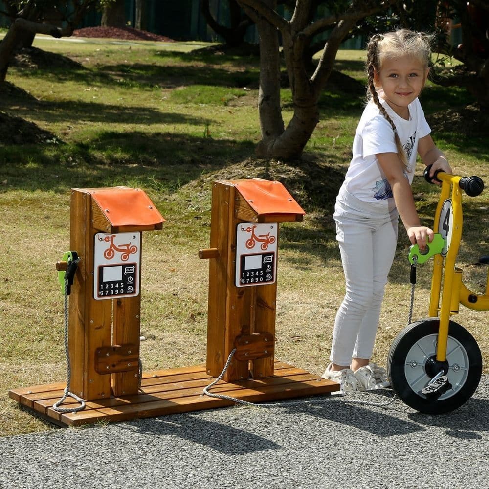 Wisdom Trike Charging Station, The Wisdom Trike Charging Station is a great role play item to use with your Wisdom Trikes. Children simply take the charging lead, plug it into their trikes and bikes and charge up the battery before continuing on their journey. Two vehicles can be connected simultaneously to the Wisdom Trike Charging Station. The Wisdom Trike Charging Station includes a tank display level, card payment option, start and stop buttons. The Wisdom Trike Charging Station is made from pre-treated