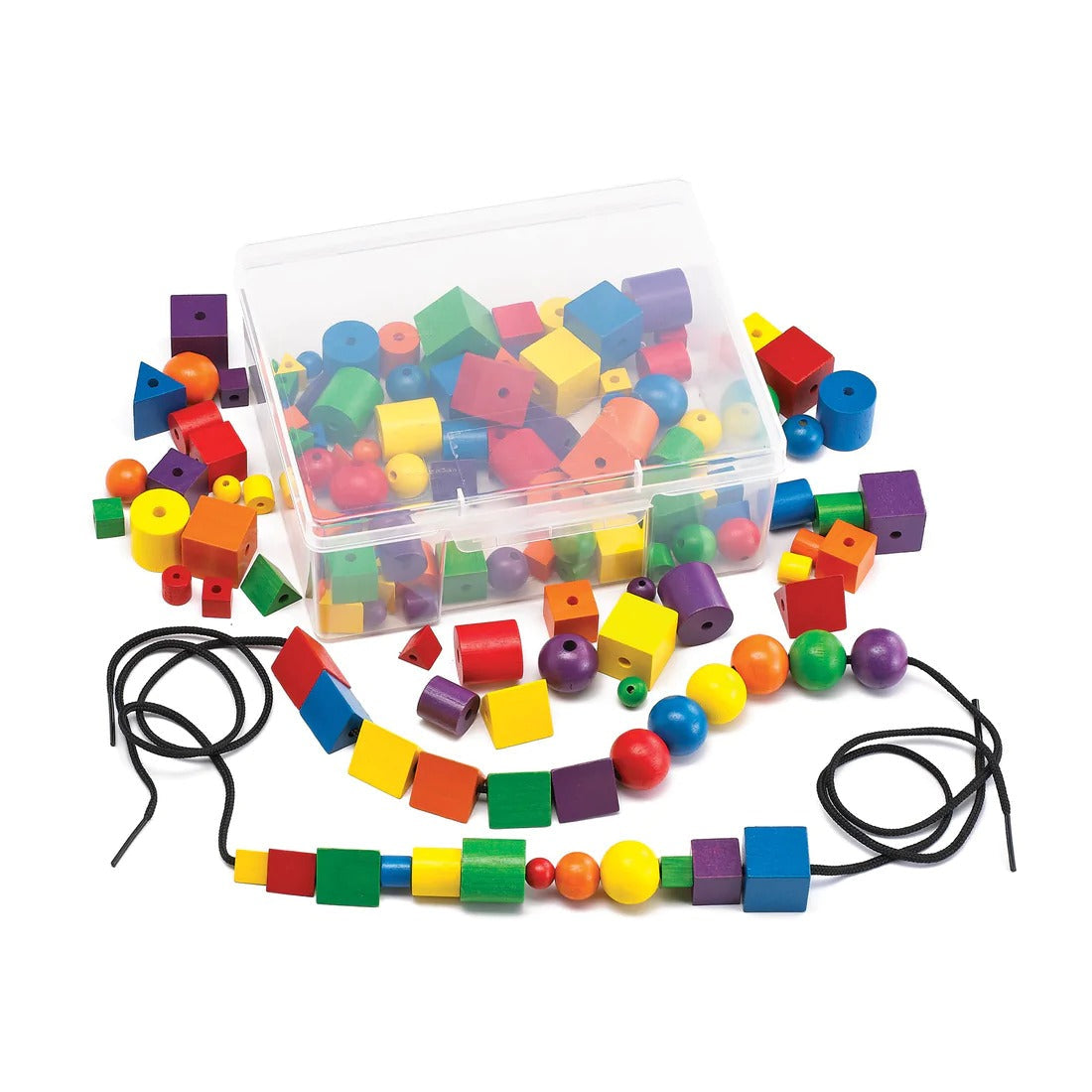 Wooden Attribute Beads - Pk144, write product lacing beads The Wooden Attribute Beads are a fun and interactive way to learn about shapes, size and colour Each bead has a threading hole making them great for lacing activities. Ideal for sorting, classifying by attribute, sequencing, pattern making and talking about geometric shapes.The Wooden Attribute Beads set includes a wide variety of shapes and colours, providing endless possibilities for learning and play. The beads are also perfect for developing han