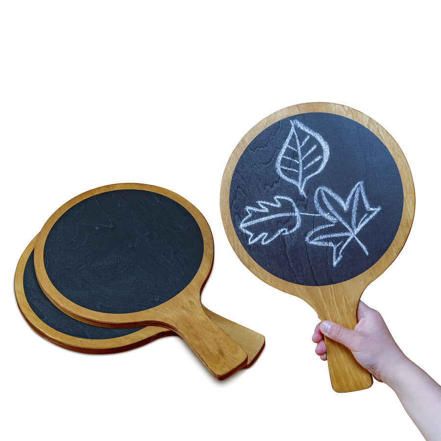 Wooden Chalk Boards 3pk, These open-ended Wooden Chalk Boards are ideal for drawing and writing on. Children can easily erase a mistake or wipe the board clean to create a new work of art. The Wooden Chalk Boards are double sided and be used indoor and outdoor, the charcoal finish provides extra protection from outdoor elements. Chalk provides a different sensory feedback to pens and pencils making them ideal for children that have difficulty using them. The chunky handle is ideal for younger children. The 