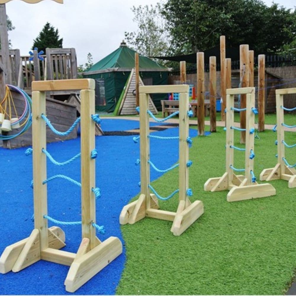 Wooden Channelling Stands, Our Wooden Channelling Stands – each with 4 heights of rope for balancing different types of channels – are suitable for indoor and outdoor curriculum and allow for endless learning possibilities.Add your own half bamboo canes, plastic guttering, cardboard tubes or other long objects to create channelling paths.Position the Wooden Channelling Stands at a slant and watch items such as balls and cars or water roll or flow down the channels. A simple and fascinating way for children 