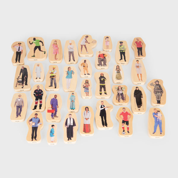 Wooden Community People Blocks, The Wooden Community People Blocks are made up of chunky wooden blocks with colour printed on both sides with real images of people from a range of communities, perfect for young children to engage in imaginative play and develop their descriptive language skills. The 20mm birch Wooden Community People Blocks are smooth to touch and easy for small children to handle. Having realistic images will enable younger children to recognise and relate to the characteristics of other p