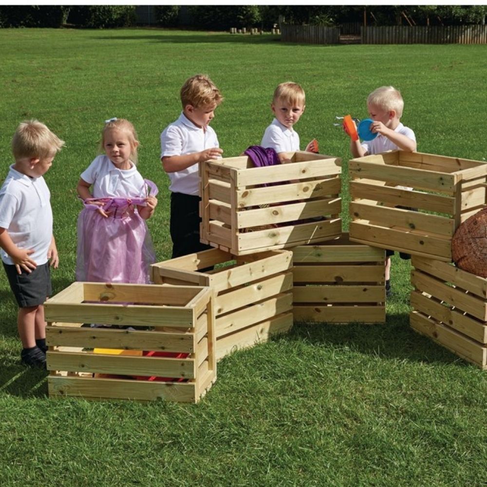 Wooden Crates Pack of six, Let your child's imagination run wild! These Wooden Crates are a fabulous open-ended resource for storage and play! These stackable crates are great for den making, motor skills, collaborative games and language activities. The Wooden Crates are also great for storing loose parts, bricks and blocks. Made from FSC Scandinavian Redwood Delivered assembled Timber: 10 year guarantee again wood rot and insect damage. Product: 12 month guarantee Size: 400 x 500 x 400mm Age Suitability: 