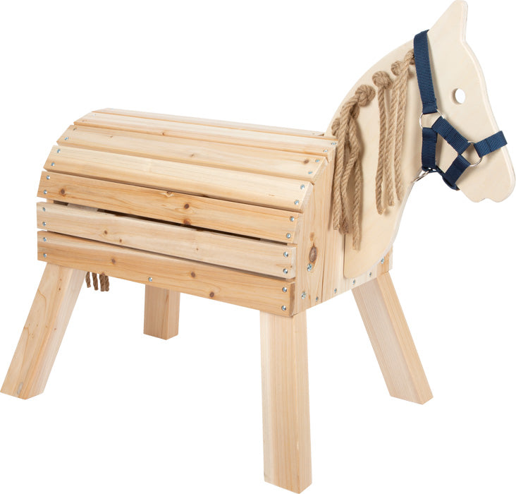 Wooden Horse, Introducing our Wooden Horse, the ultimate gift for horse enthusiasts of all ages! This large playing, riding, and vaulting horse is made of untreated and weather-resistant wood, making it a reliable and durable companion for all kinds of equestrian adventures.Designed with both small and bigger horseback riders in mind, this wooden horse provides a playful introduction to the basics of horses, ponies, and riding. The mane and tail, made of sisal, invite children to style and braid them, encou