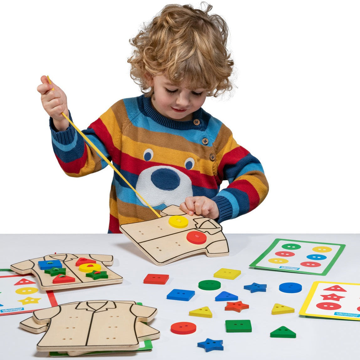 Wooden Lacing Clothes, Introducing the fun and educational Wooden Lacing Clothes set! The Wooden Lacing Clothes set is designed specifically to help young children develop color and shape recognition, this colorful set is packed with interactive features that make learning a joy.Featuring 10 double-sided cards with different challenges across 3 levels, the set is perfect for children of varying skill levels. Whether they're just starting out or looking for a challenge, this set has something for everyone.Ea