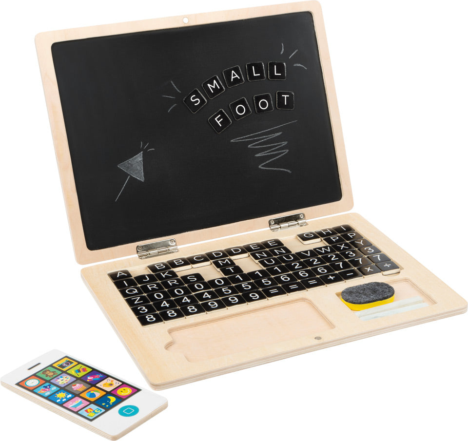 Wooden Laptop with Magnet Board, Introducing our Wooden Laptop with Magnet Board, the perfect educational toy for little ones! This wooden laptop is designed to engage children in learning and creativity in a fun and interactive way.The laptop features magnetic letters, punctuation marks, and numbers that can be easily arranged on the magnetic board. Children can create their first words and math problems, sparking their imagination and developing essential language and numeracy skills. The magnetic board a