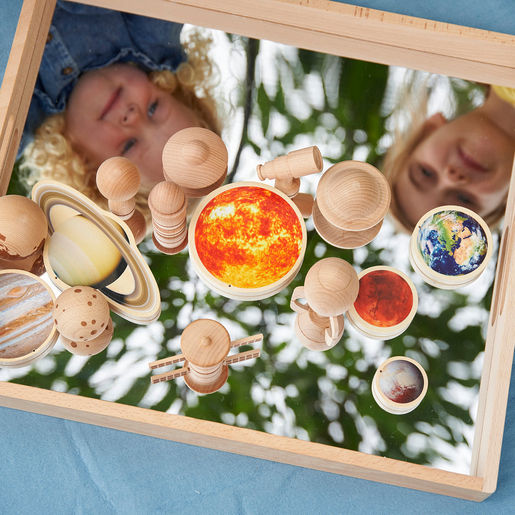 Wooden Mirror Tray, Welcome to the enchanting world of the TickiT® Wooden Mirror Tray, where your child can delve into the mysteries of reflection and discover the magic of small world scenes! This isn't just any tray; it’s a realm of exploration and fascination, merging play and learning in a shiny, reflective adventure! 🌈 Explorative & Educational: This solid beechwood tray, equipped with a 2mm acrylic mirrored base, offers a robust and safe platform for children to play with intriguing objects, exploring